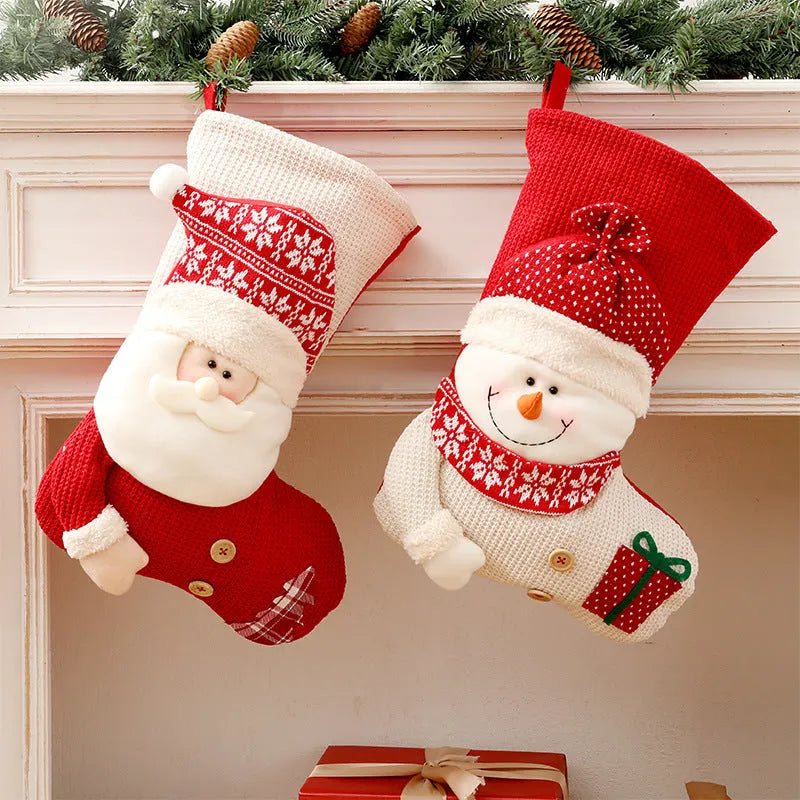 Large knitted Christmas stocking with Santa Claus design for fireplace decor, crafted from knitted and non-woven fabric, measuring 46 x 32 x 25 cm, used as a gift bag and candy holder to increase festive atmosphere in home, restaurant, or bar settings.