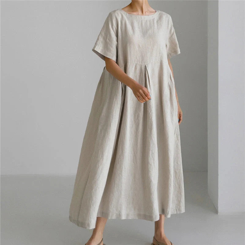 Loose cotton and linen dress in navy blue, army green, and apricot
