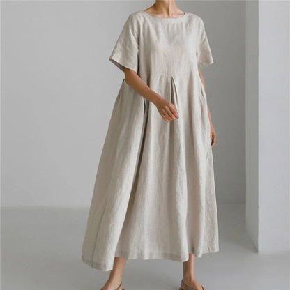 Loose cotton and linen dress in navy blue, army green, and apricot