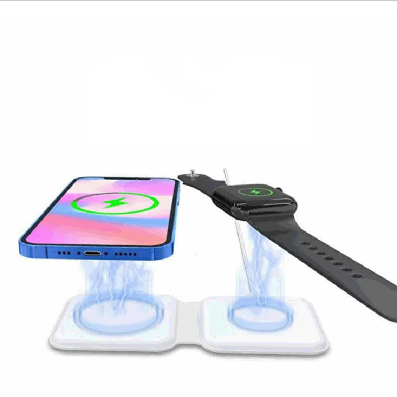 White foldable magnetic wireless charger showing dual charging surfaces and Type-C port