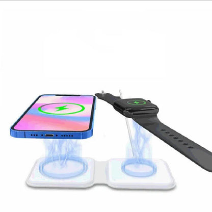 White foldable magnetic wireless charger showing dual charging surfaces and Type-C port
