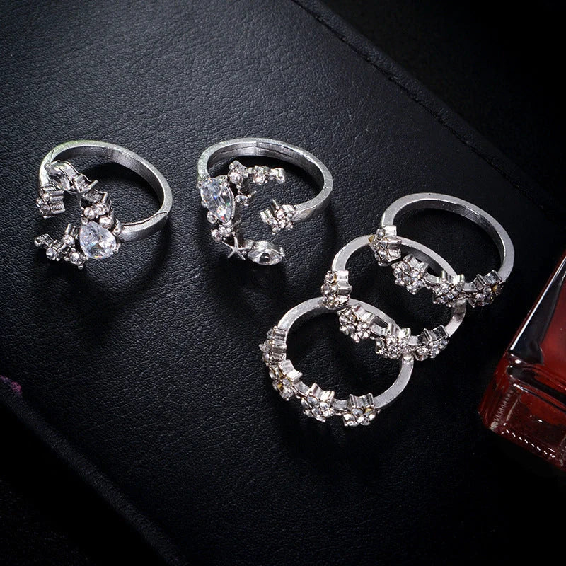 Diamond Set Ring with Star and Moon Crystal Design in Silver