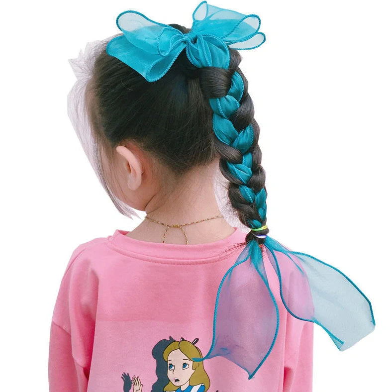 Children's lace bow hairpin with antique streamer design and duckbill clip in blue, grey, pink, purple, or red