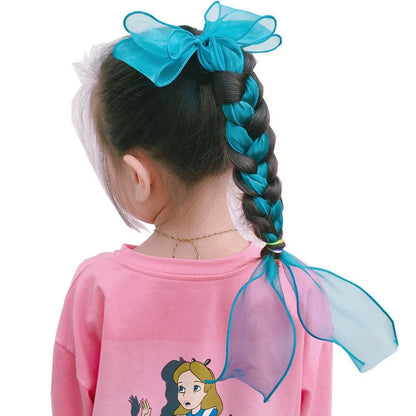 Children's lace bow hairpin with antique streamer design and duckbill clip in blue, grey, pink, purple, or red