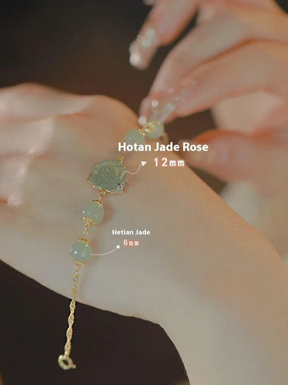 Women's bracelet with Hetian jade rose flower design and 14K gold gilding