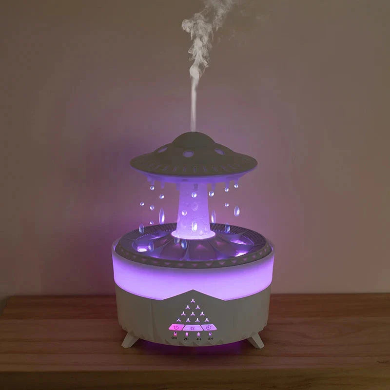 Relaxing cloud-shaped humidifier with raindrop sound, essential oil diffusion, and colorful lighting