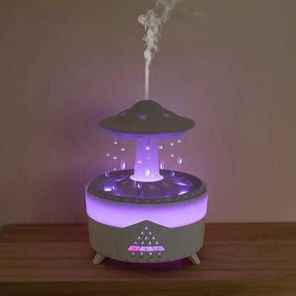 Relaxing cloud-shaped humidifier with raindrop sound, essential oil diffusion, and colorful lighting