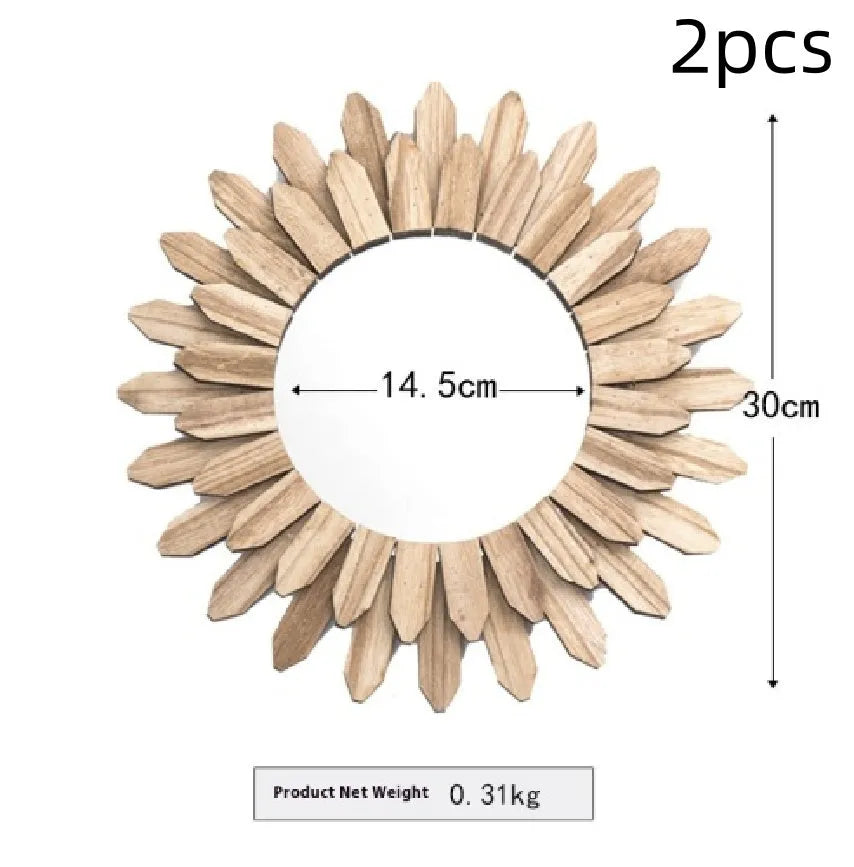 Round European-style solid wood hanging mirror with baked colour frame on a wall.