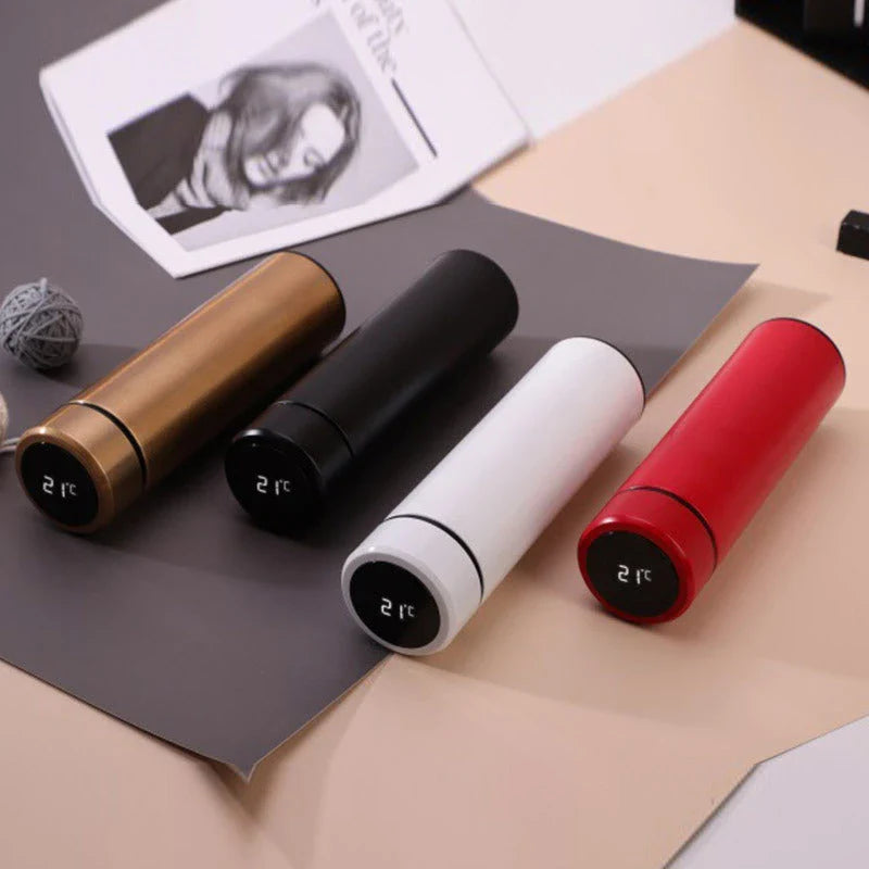 Sleek stainless steel vacuum flask with LED temperature display in various colors and capacities