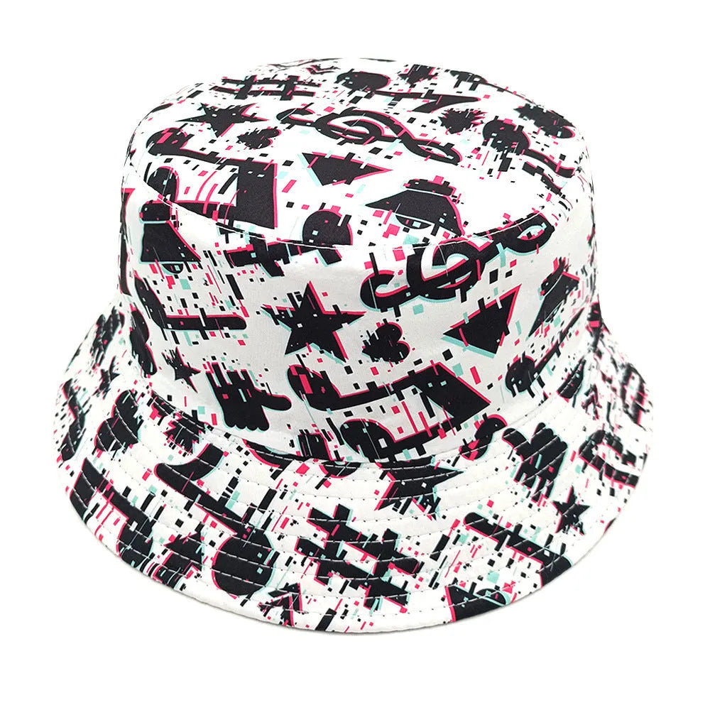 White bucket hat with black musical note pattern print, dome crown shape.
