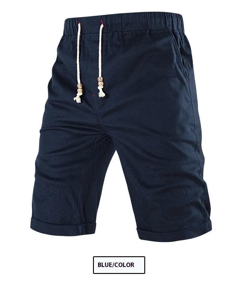 Men's sports casual shorts with cotton blend fabric, straight cut design, micro-elasticity fabric for summer wear, available in black, blue, and khaki colours, with drawstring waist and zipper pocket, offered in sizes S through 3XL