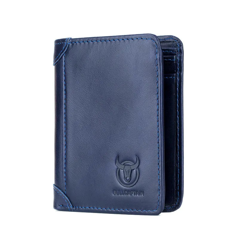 Men's casual leather wallet in black with two-fold cover, showing internal compartments including secret section.