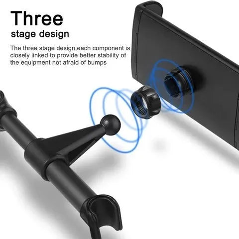 Black car phone holder mounted on vehicle rear seat with tablet secured in snap-in bracket