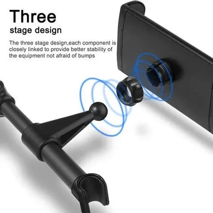 Black car phone holder mounted on vehicle rear seat with tablet secured in snap-in bracket