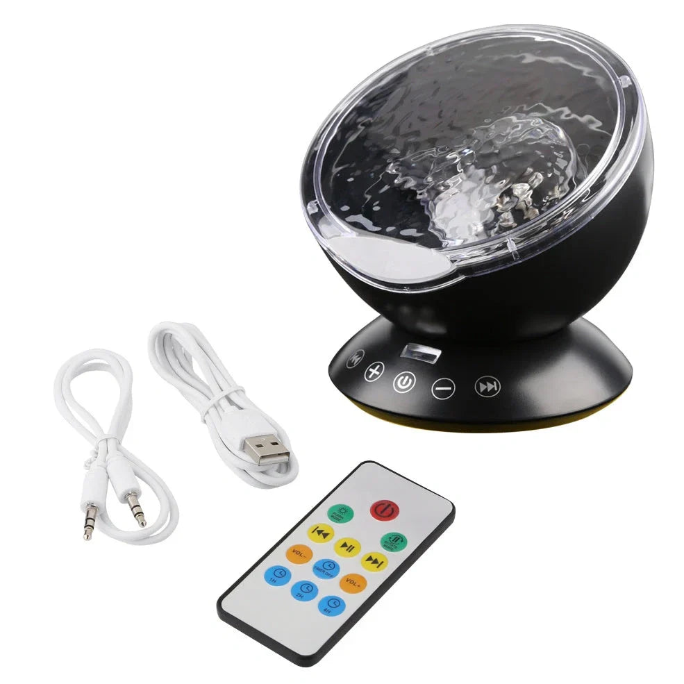 Ocean wave projector showing colourful LED light projection with remote control and adjustable 45-degree angle