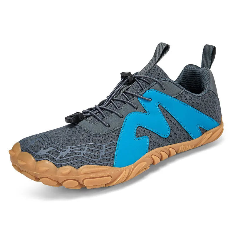 Climbing shoes with Flyknit lining and a rubber sole in A83 colour options on a climbing hold.
