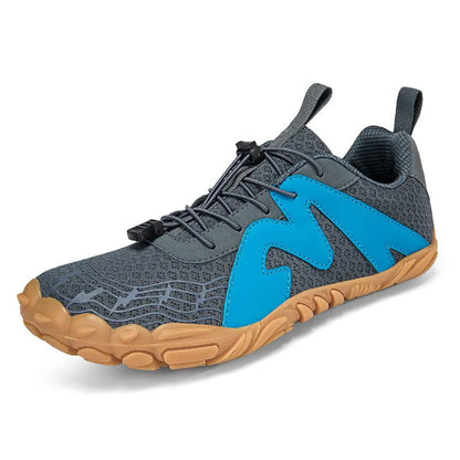 Climbing shoes with Flyknit lining and a rubber sole in A83 colour options on a climbing hold.