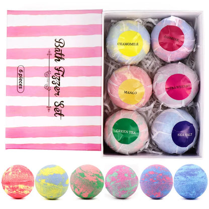 Six 60g organic bath bombs in green tea, strawberry, orange, mint, lavender and rose scents with shea butter and cocoa butter.