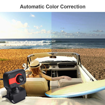 Blue mini USB webcam with a 1.45m cable showing its 360-degree rotating head on a laptop.