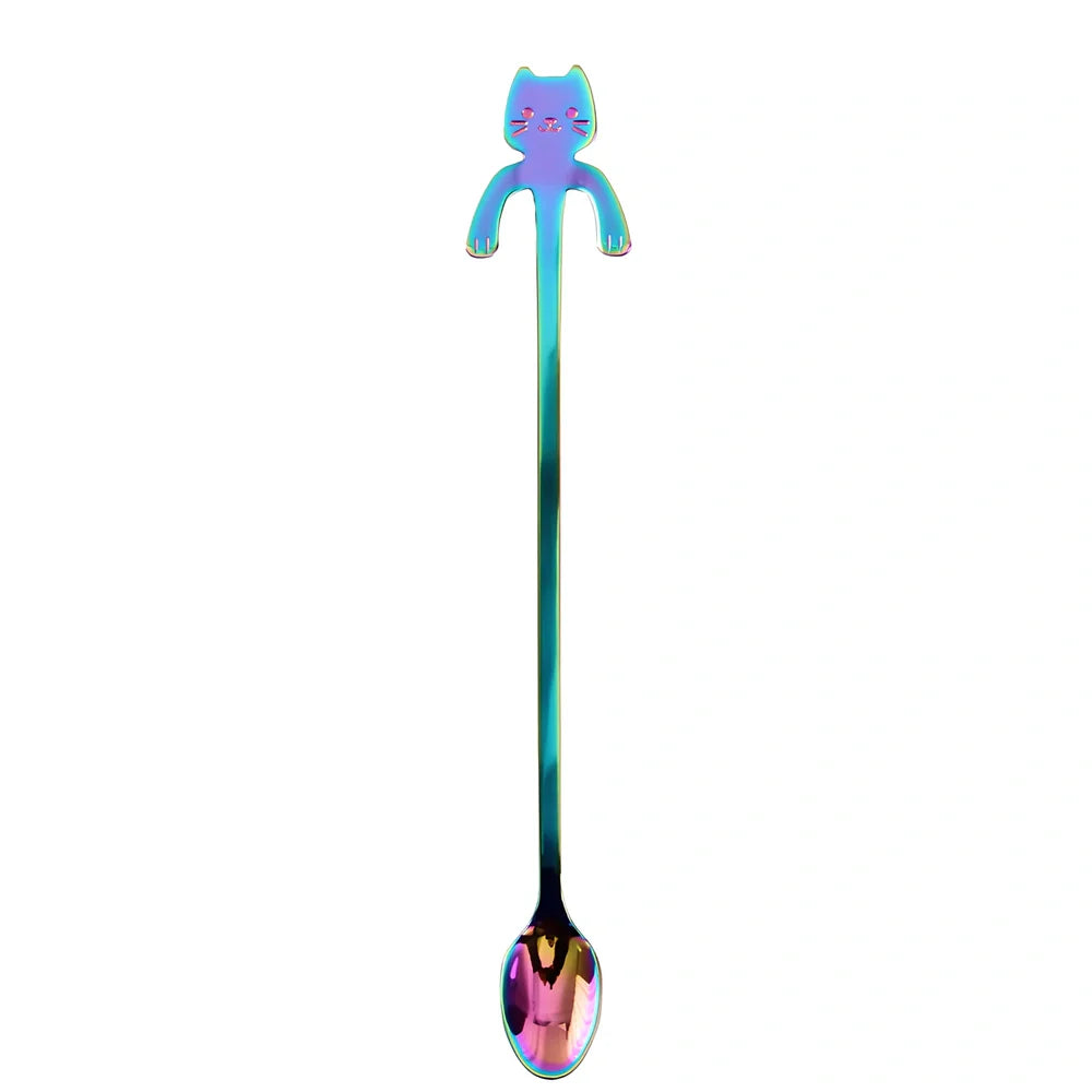 Stainless steel coffee spoon with cartoon cat handle showing hanging hole and smooth edges