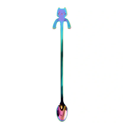 Stainless steel coffee spoon with cartoon cat handle showing hanging hole and smooth edges