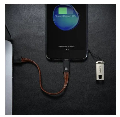 20cm leather iPhone charging cable with zinc alloy lightning connector in black, brown, or red colour