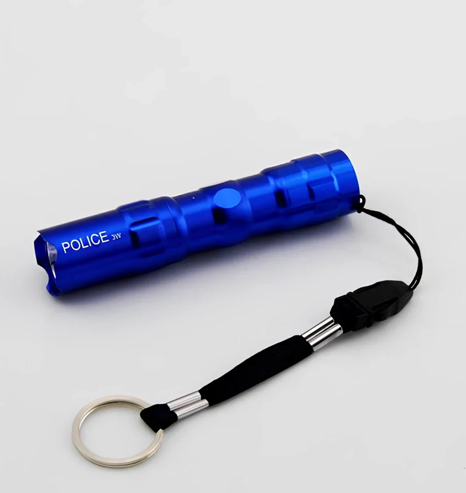 Black aluminium LED mini flashlight measuring 9.5cm with 3W bulb and AA battery compartment