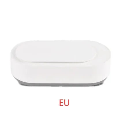 White portable ultrasonic cleaner with stainless steel tank for cleaning jewellery and glasses.