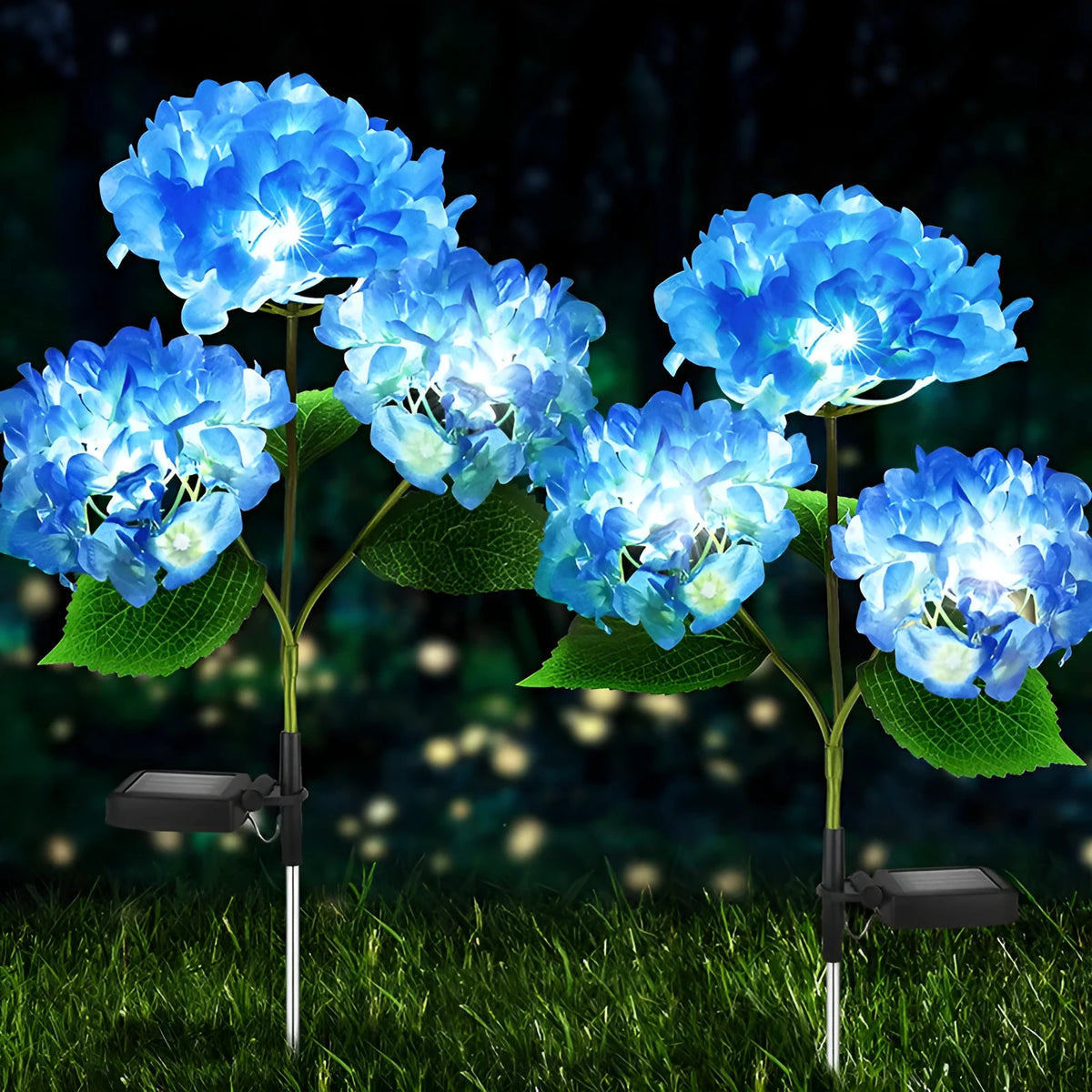 Solar powered hydrangea shaped garden floor light with rubber body in pink purple blue green or white