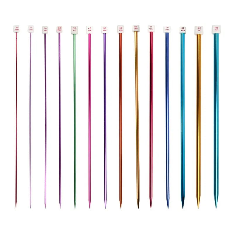 Crochet hook set with 13 sizes from 2.0mm to 10.0mm, each hook has a protective cap, showing lengthened 15cm shafts