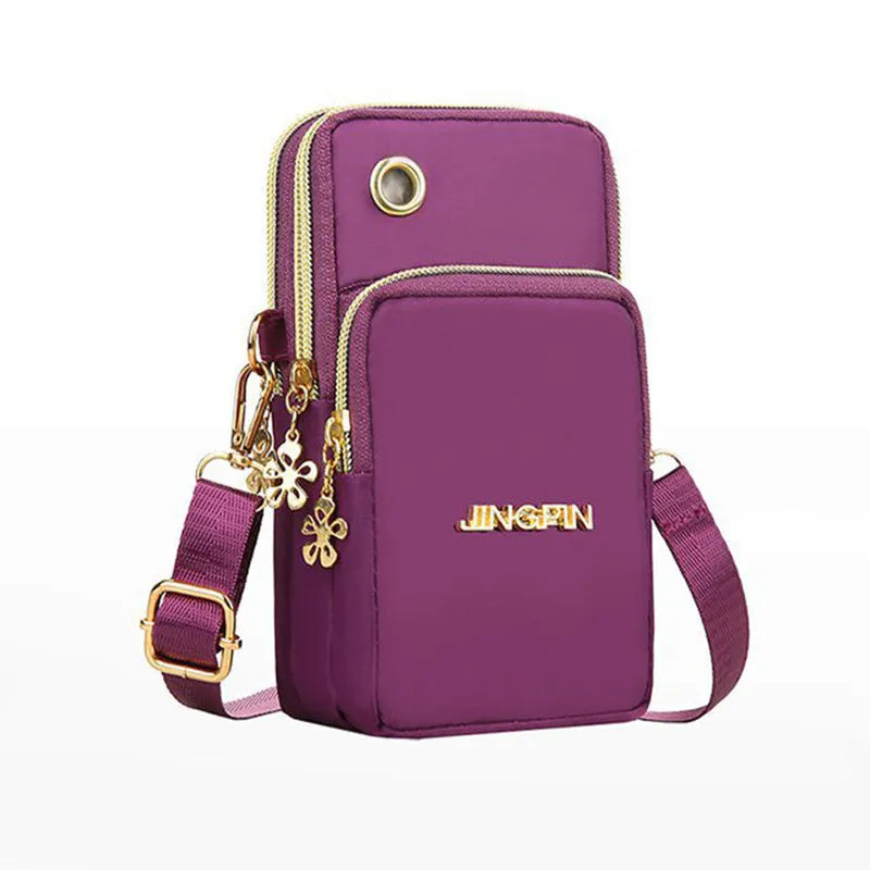 Nylon small crossbody shoulder bag with 3-layer zipper, card slot, square vertical shape, letter pattern, in red, dark blue, black or dark purple.