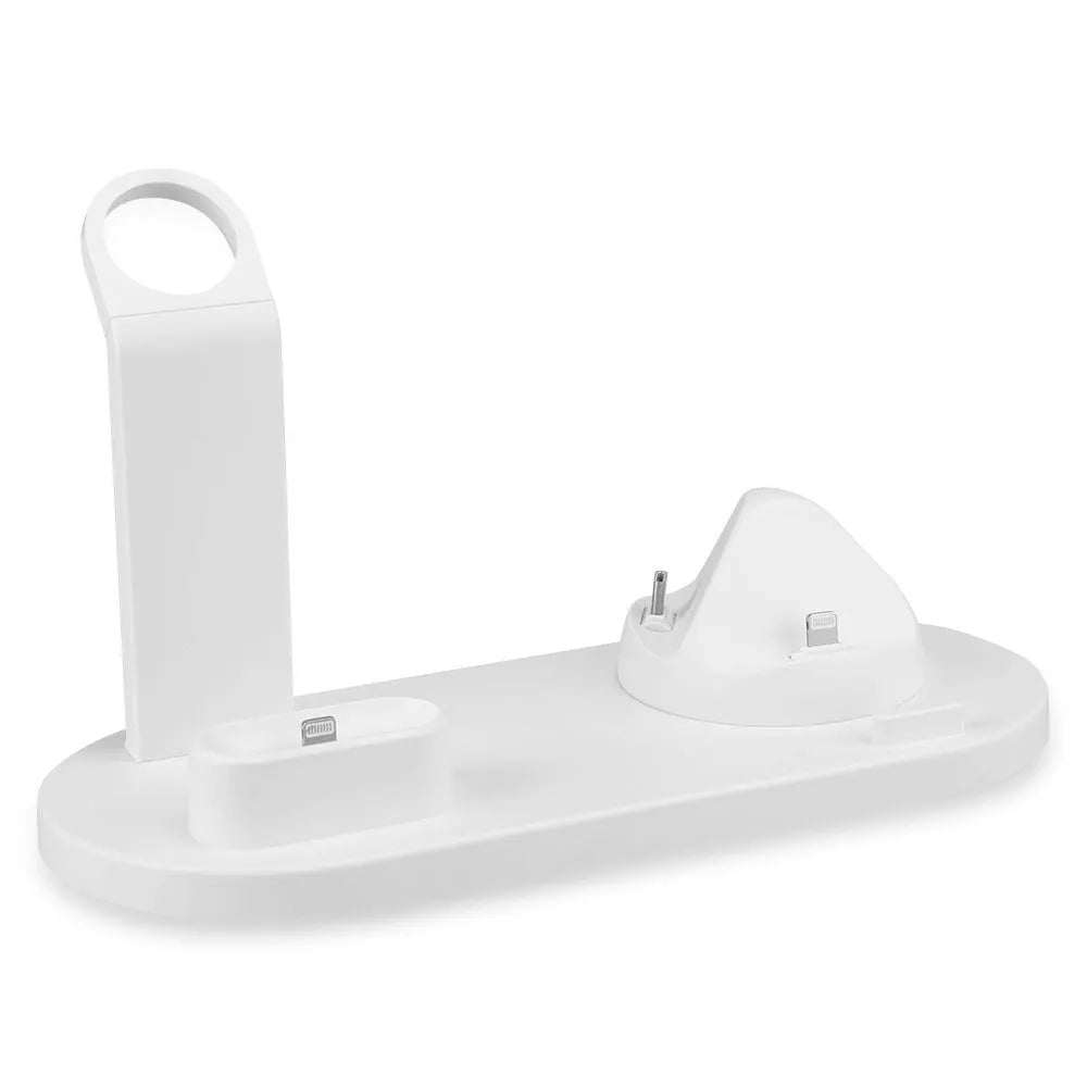 White and black USB charger headphone charging stand with three-in-one functionality