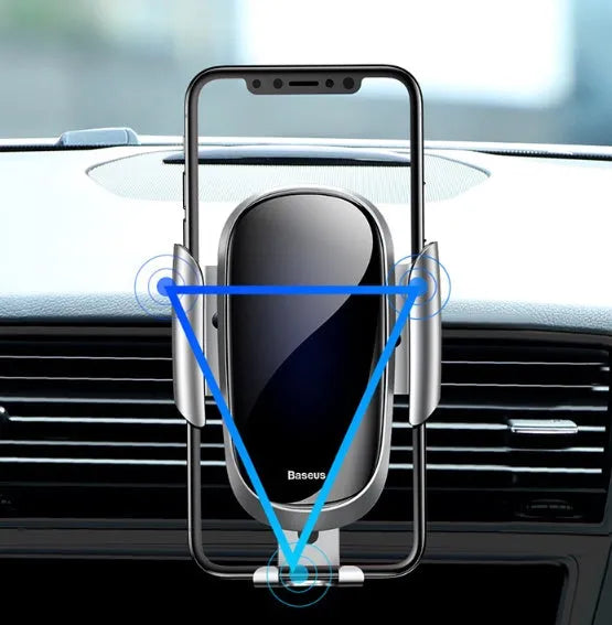 Universal smart car phone bracket with adjustable arm and 360-degree rotation in black, blue, and silvery colours.
