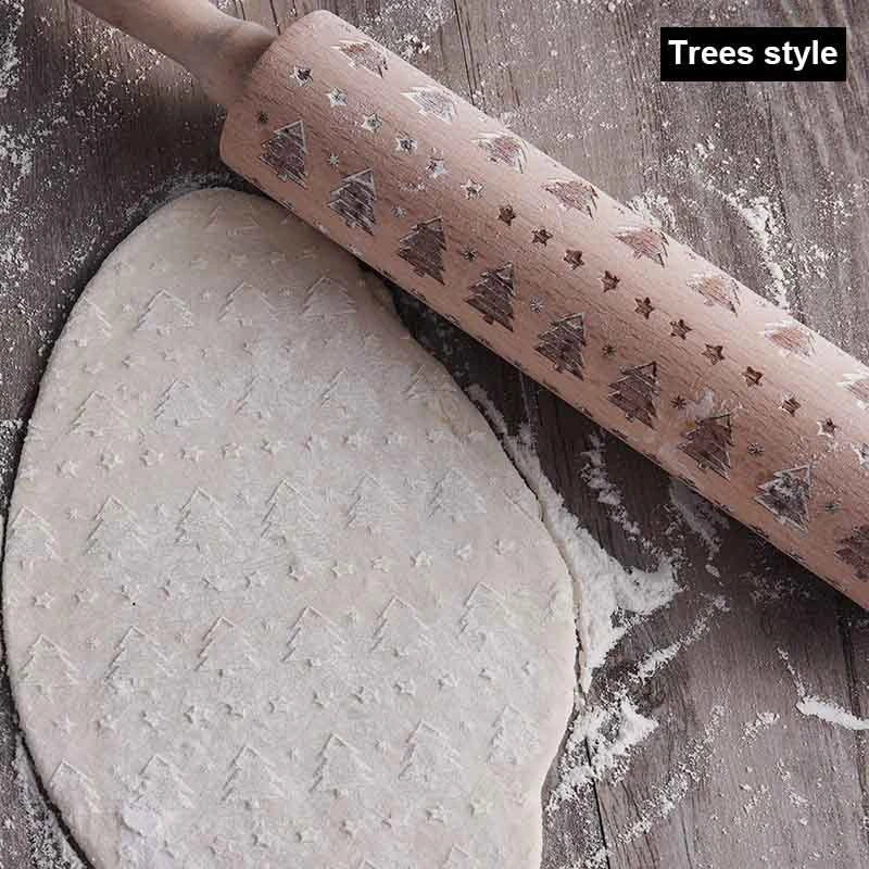 Festive rolling pin with embossed Christmas designs for easy imprinting on dough