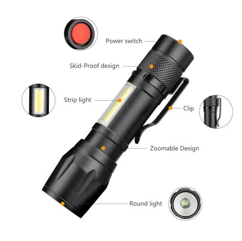 Mini black aluminium alloy telescopic LED flashlight with clip and zoom adjustment