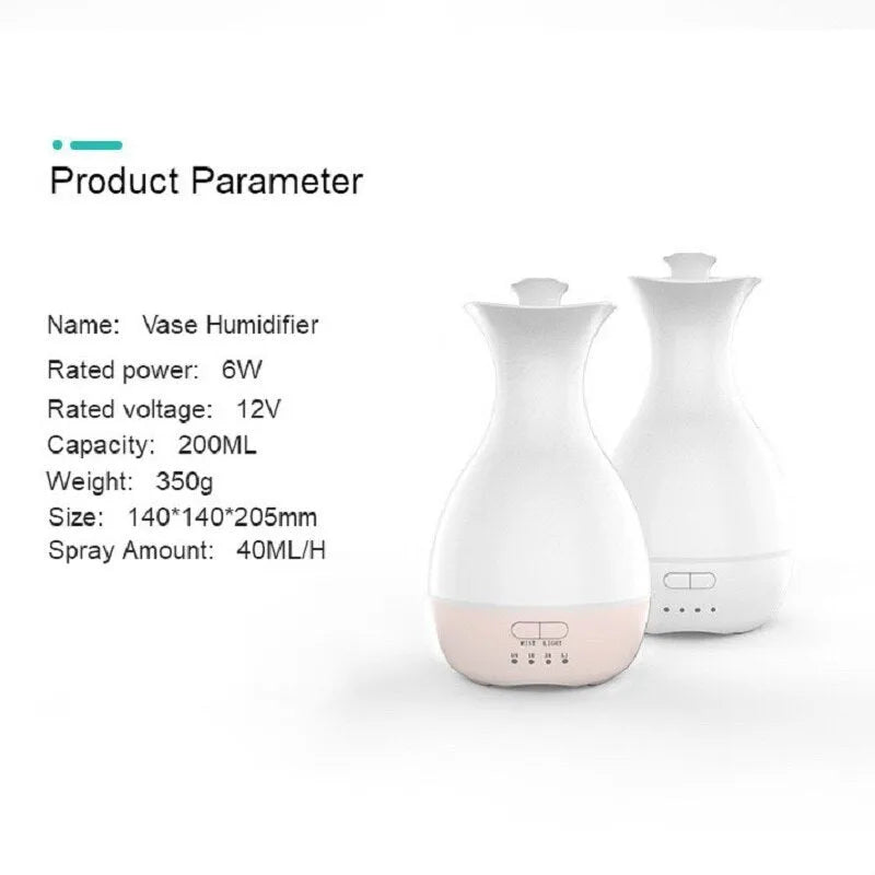 White or pink ultrasonic aromatherapy vase humidifier with night light and 200ml water tank