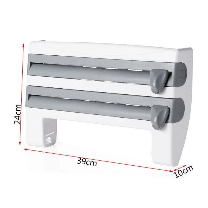 White wall-mounted kitchen roll holder dispenser for cling film, foil, and paper towels.