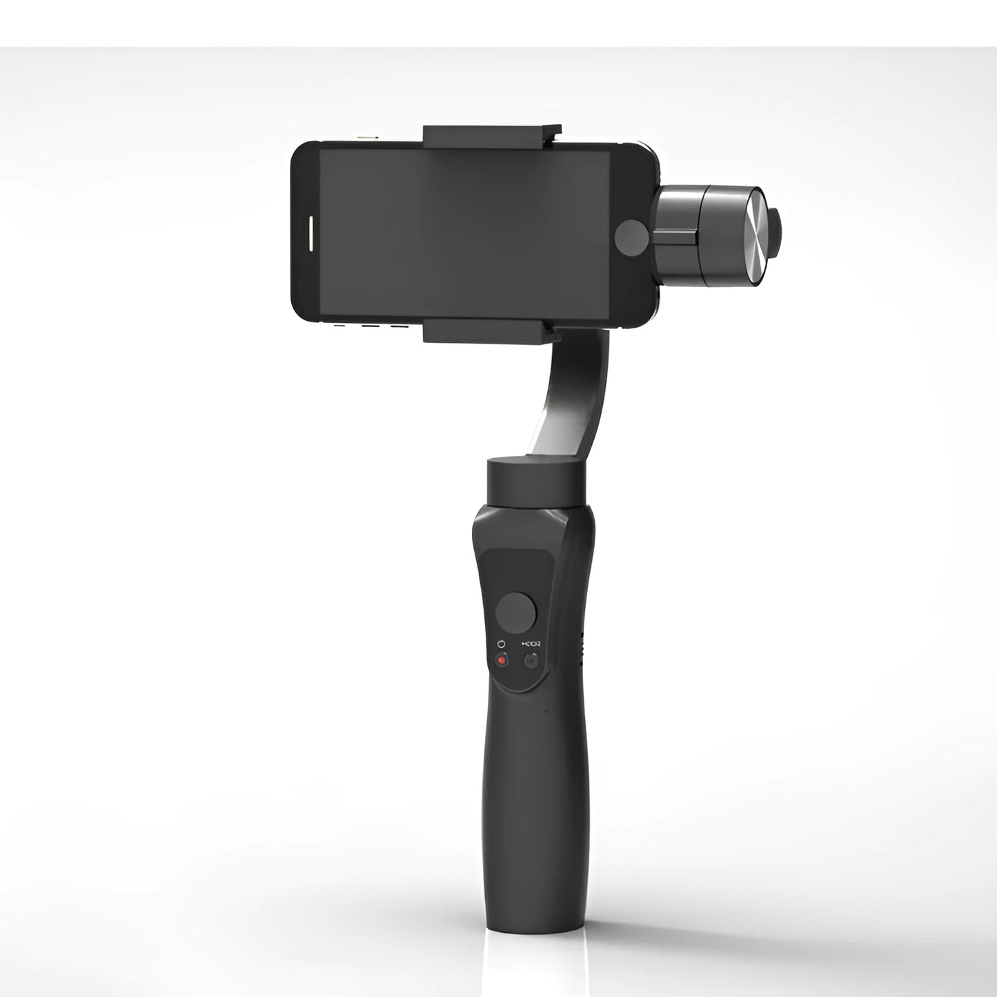 Black 3-axis handheld smartphone gimbal stabilizer on a table.