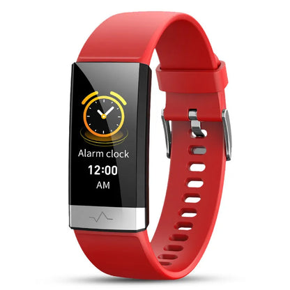 V19 smart fitness tracker in black on a wrist, showing heart rate and SpO2 data on its colour screen.