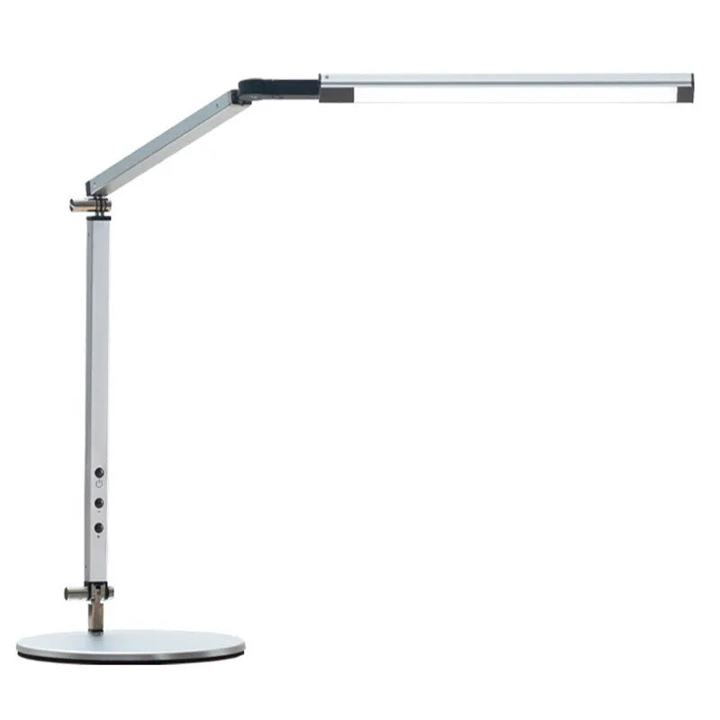 Adjustable aluminium desk lamp with remote control, shown in black with a clip attached to a desk edge.