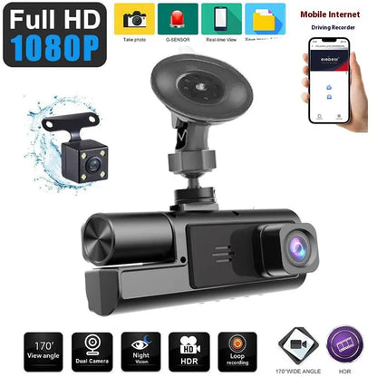 Dual-lens HD driving recorder with 3.5-inch LCD screen mounted on a car dashboard.