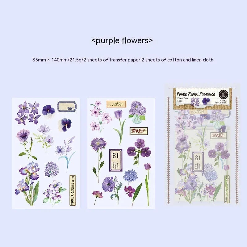 Huazhisen art nouveau forest sticker pack showing transfer paper and cotton linen sheets in six colour designs
