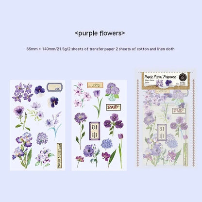 Huazhisen art nouveau forest sticker pack showing transfer paper and cotton linen sheets in six colour designs
