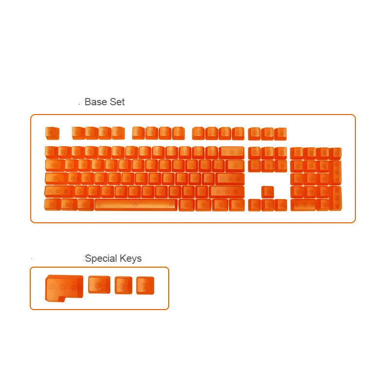 Set of 104 transparent PBT mechanical keyboard keycaps in orange, white, blue, and black colours on a black background.