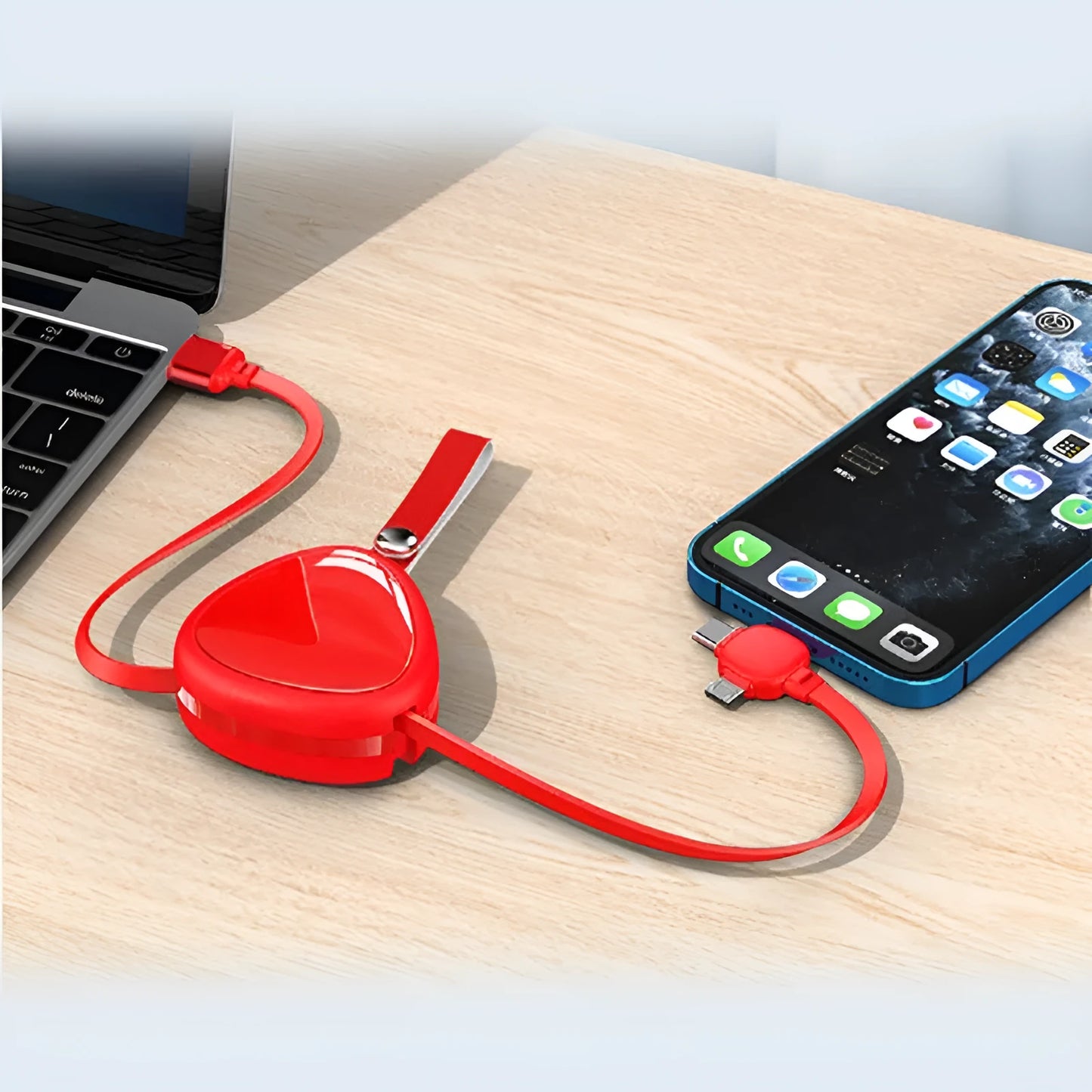 Stretchable three-in-one charging cable in green showing USB, Lightning, and Micro USB connectors retracted with buckle.