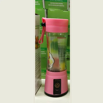 Portable USB blender with six blades in pink colour option showing cup and charging cable