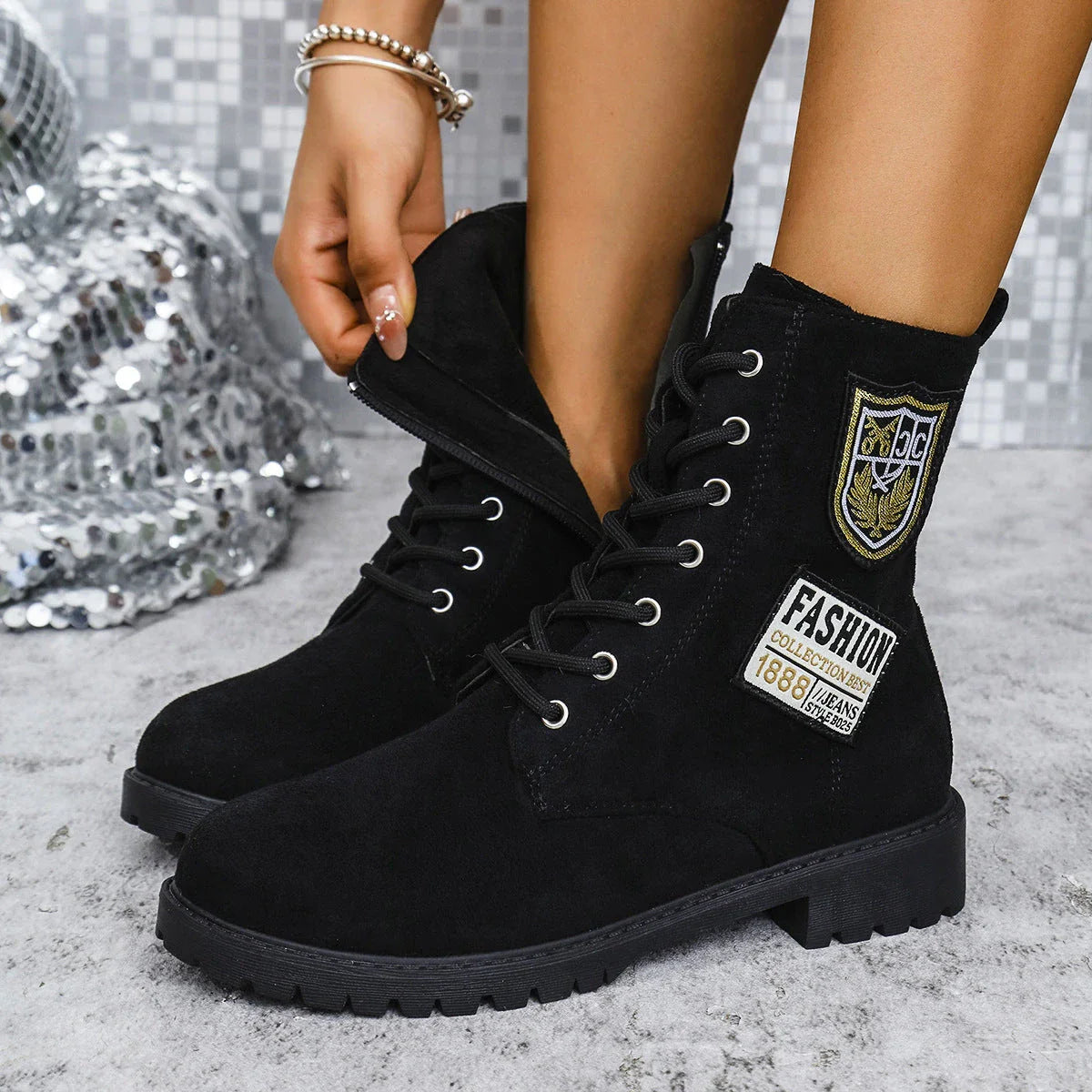 Stylish lace-up chunky heel boots with round toe design, perfect for winter wear