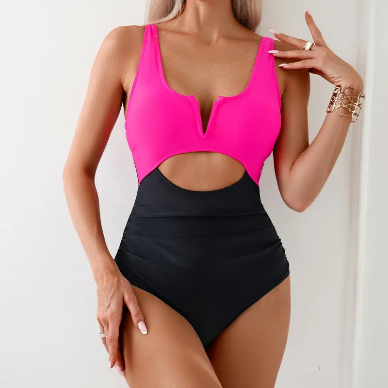 Women's contrast colour one-piece swimsuit in nylon fabric available in green, black, dark pink, and brown