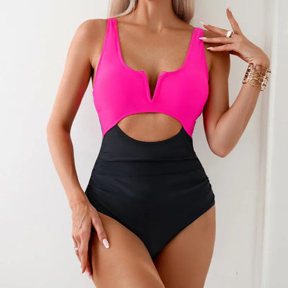Women's contrast colour one-piece swimsuit in nylon fabric available in green, black, dark pink, and brown