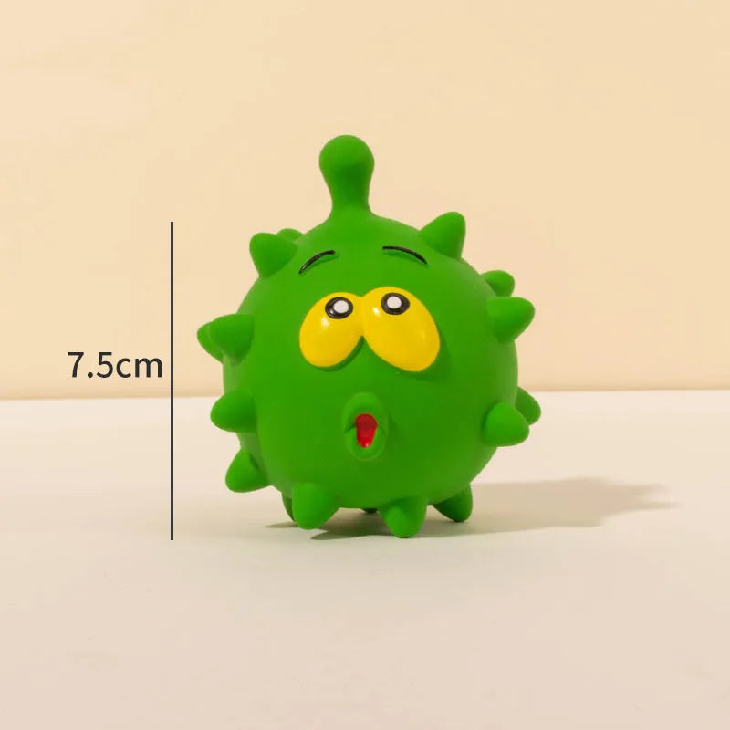 Four natural latex dog squeaky toys with bumpy surfaces and cute faces in blue, green, red, and yellow colours